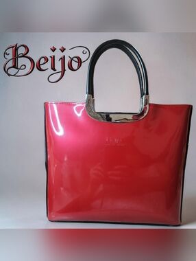 Beijo Shiny Red Patent Tote with Black Handles and Silver Trim EUC